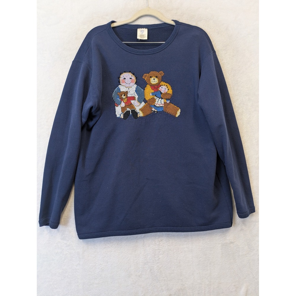 Just My Size Women's XL Navy Blue Teddy Bear Cross Stitch Sweatshirt Grandmacore
